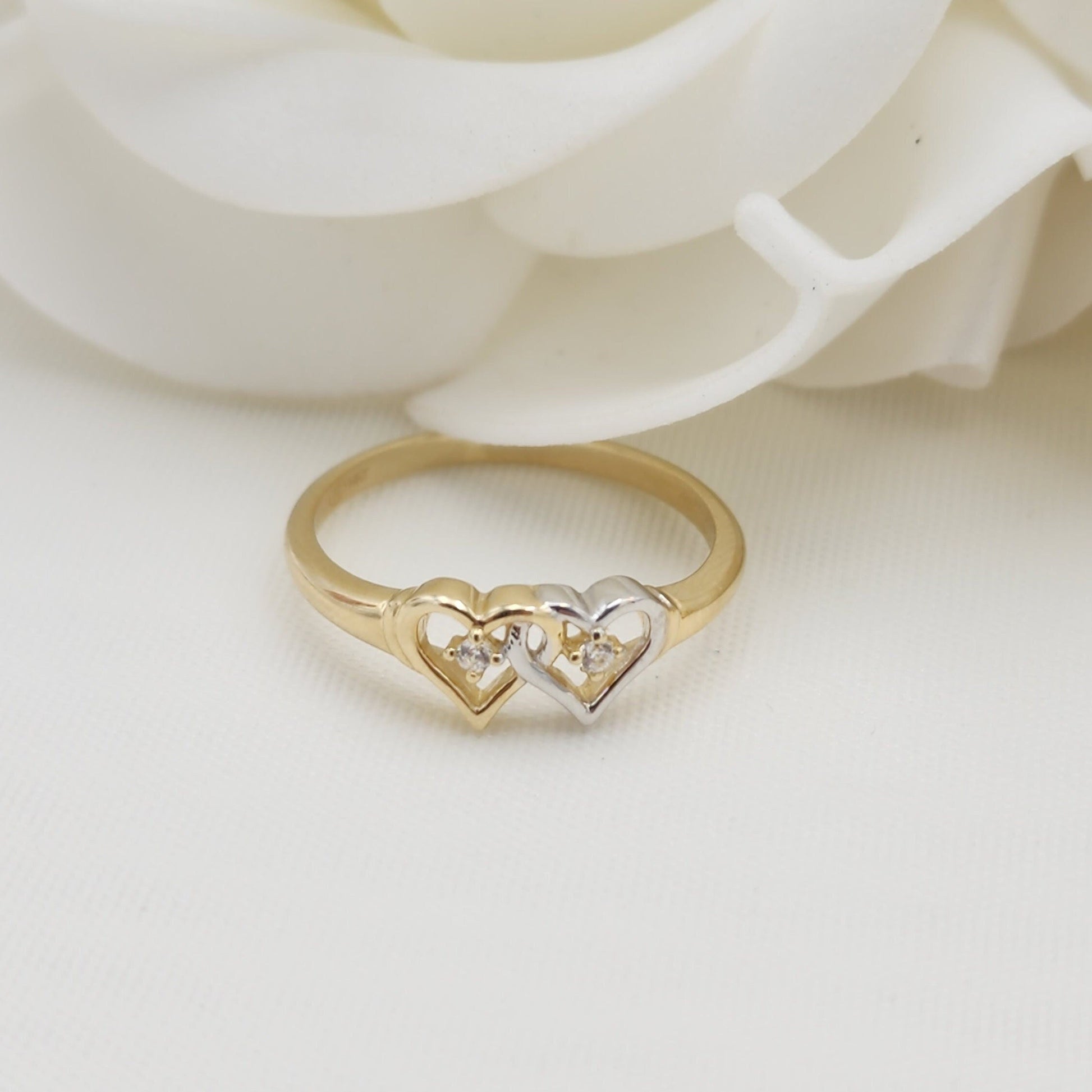 14k White And Yellow Gold Hearts Ring - Solid Gold - For Her - CZ - Perfect Gift