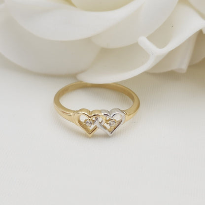 14k White And Yellow Gold Hearts Ring - Solid Gold - For Her - CZ - Perfect Gift