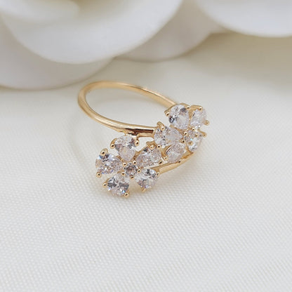 Solid 14k Gold Flowers Ring - Pear CZ Stones - Statement Ring