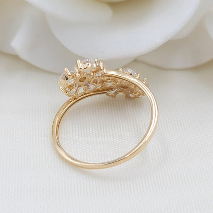 Solid 14k Gold Flowers Ring - Pear CZ Stones - Statement Ring