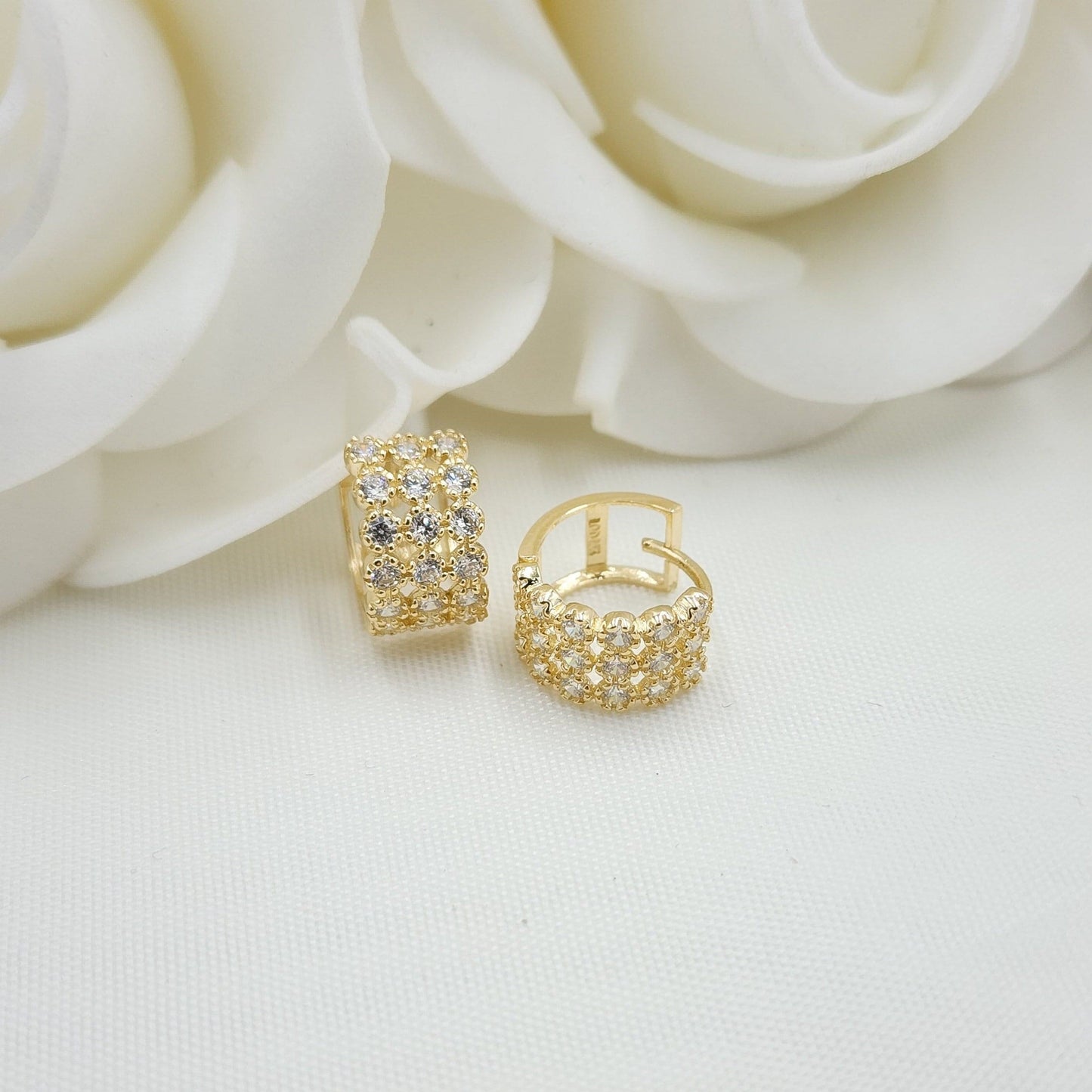 Solid 14k Gold 3 Rows CZ Huggies Earrings - 7mm -Thick Earrings - Gift for her