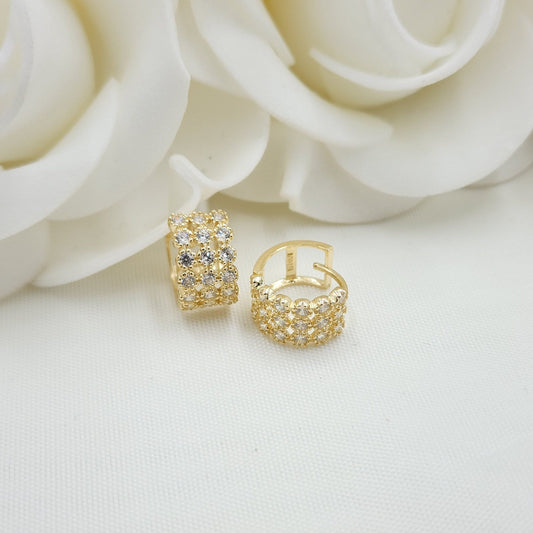 Solid 14k Gold 3 Rows CZ Huggies Earrings - 7mm -Thick Earrings - Gift for her