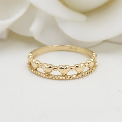 Modern Solid 14k Gold Hearts Beaded Band - Stackable Ring - For Her