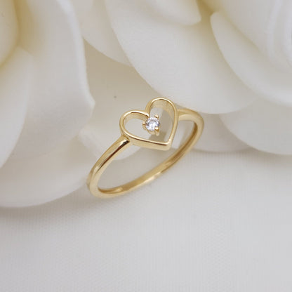 Simple 14k Gold Heart and Solitaire CZ Ring - Minimalistic Jewelry - For Her - Modern Jewelry