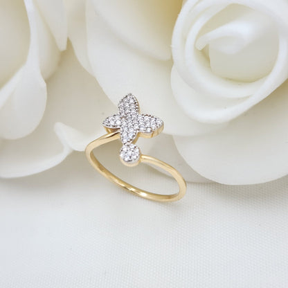 Solid 14k Pave Butterfly CZ Ring - Shiny and Modern - For Her