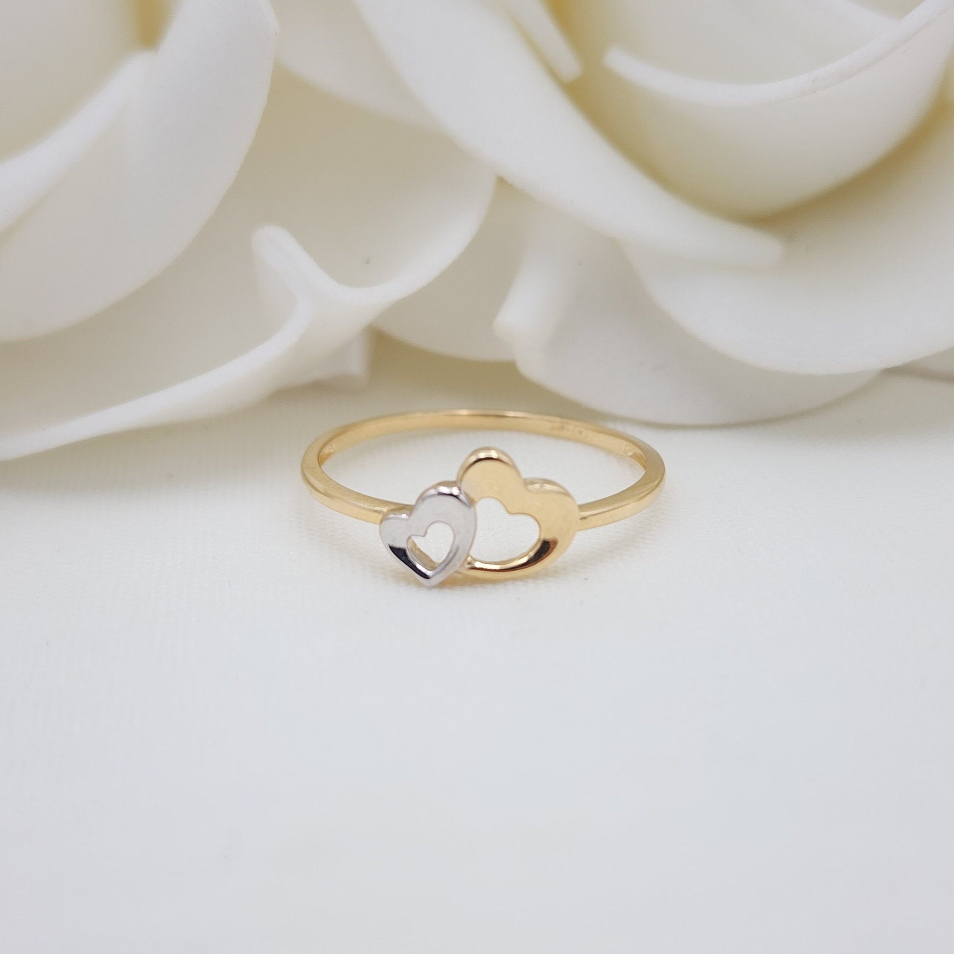 Solid 14k Gold Polished Hearts Ring - Dainty Ring - Stackable - For Her - White and Yellow Gold