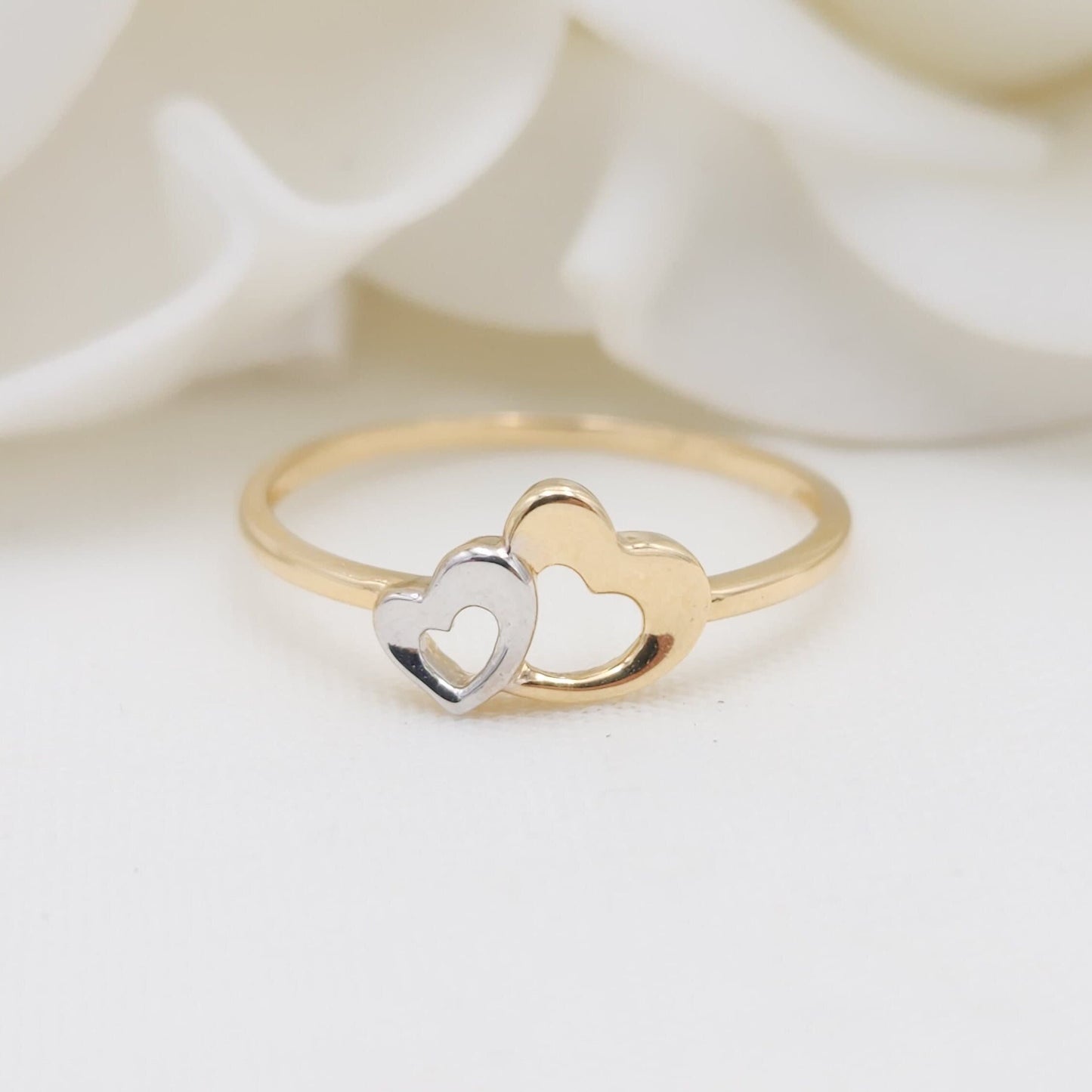 Solid 14k Gold Polished Hearts Ring - Dainty Ring - Stackable - For Her - White and Yellow Gold