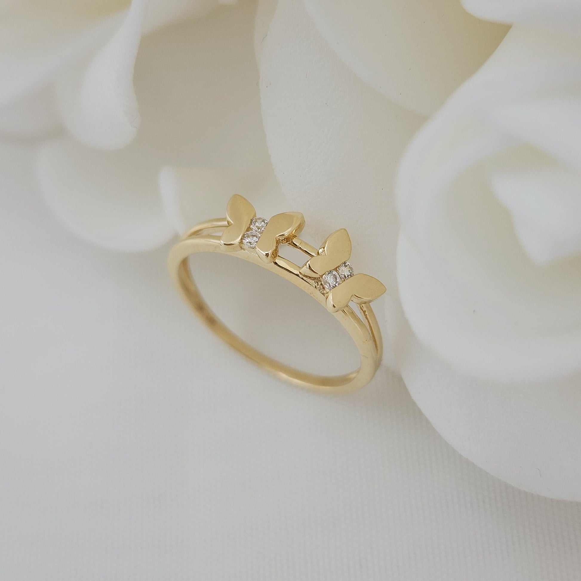 Solid 14k Gold Butterflies Cz Ring - Adorable - Modern jewelry - Perfect Gift - Stackable Rings