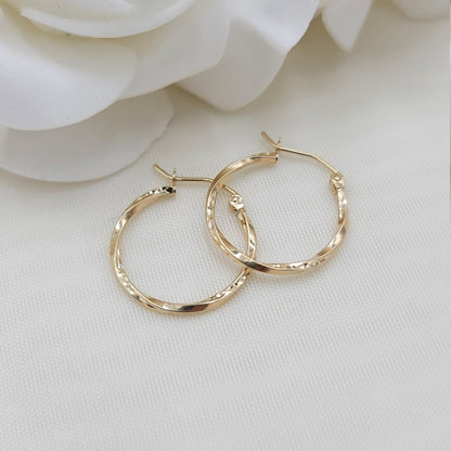 14K Yellow Gold Twisted Hoop Earrings - Unique and Versatile - For Everyday - Shiny