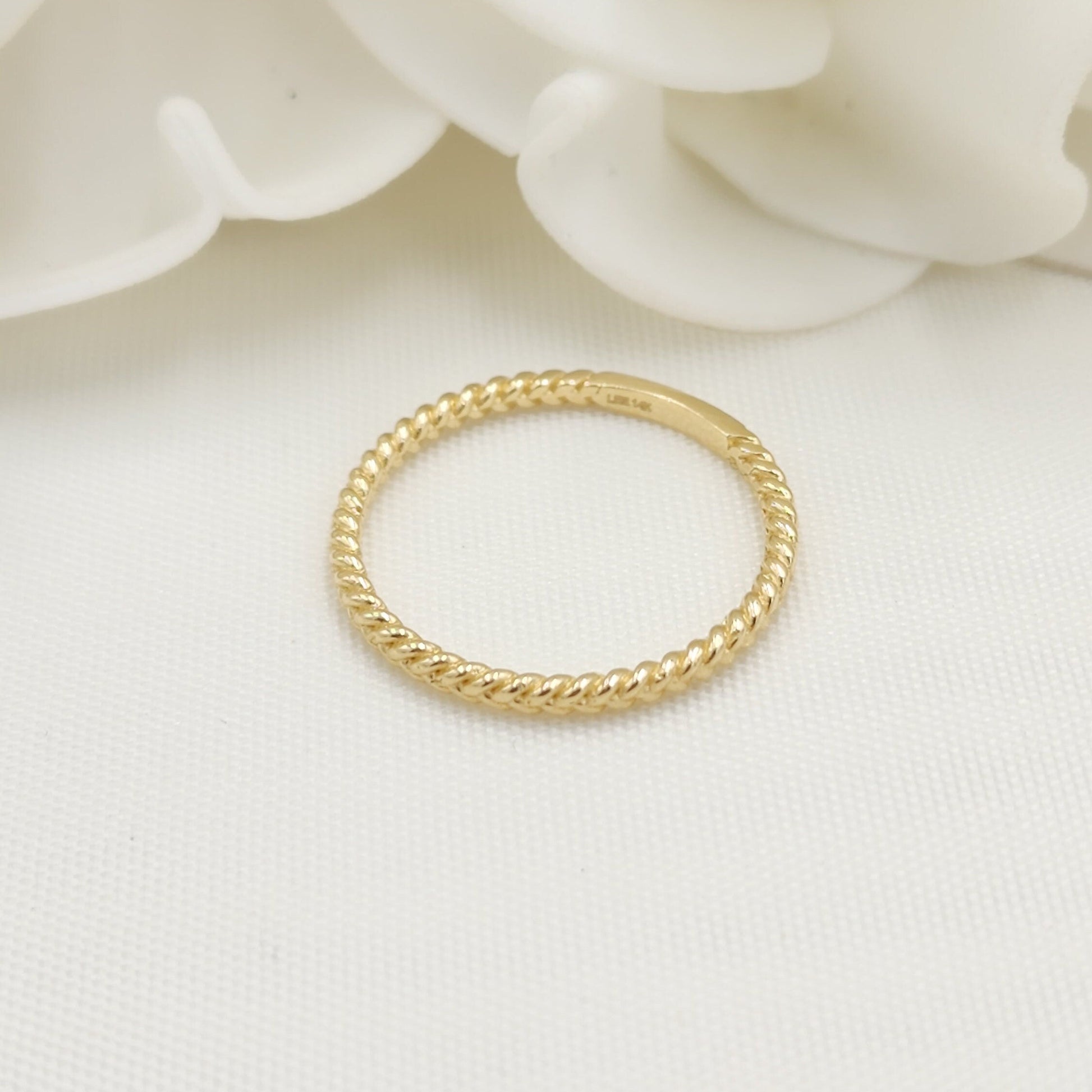 14k Solid Gold Dainty Rope Band - Stackable Rings - For Her - Perfect Gift