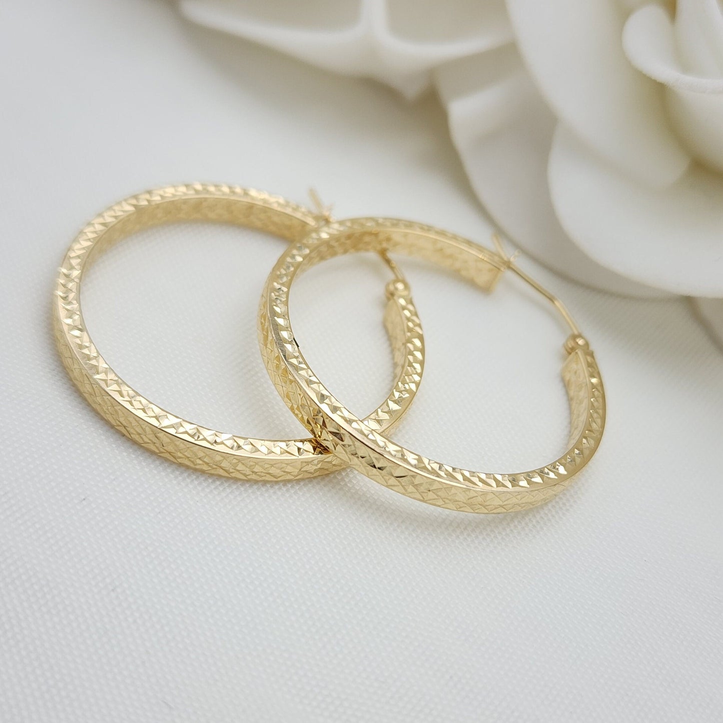 Real 14k Gold Square Diamond Cut Hoop Earrings - 30mm Diameter - Shiny And Modern - Perfect Gift - Birthday, Mother's day, Anniversary