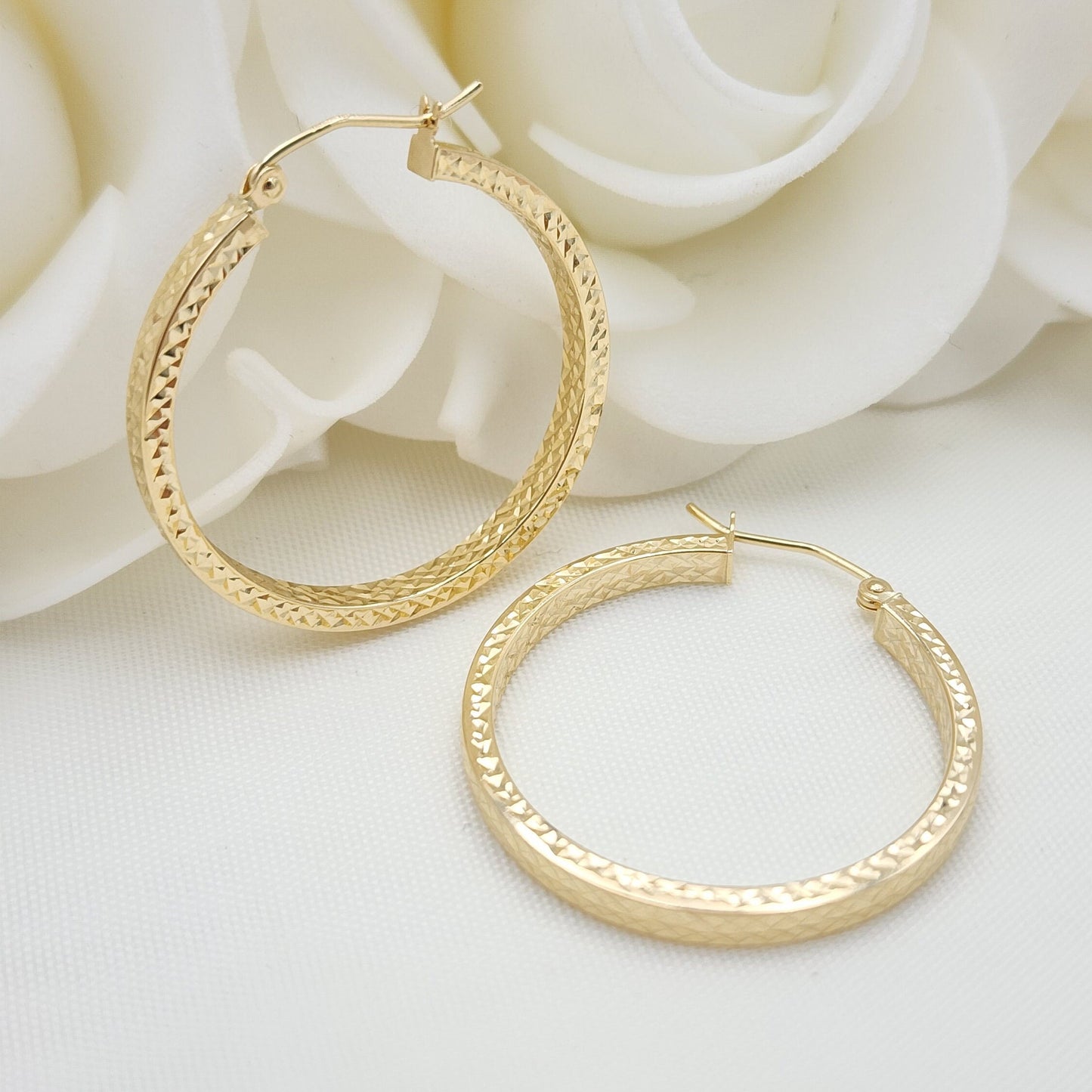 Real 14k Gold Square Diamond Cut Hoop Earrings - 30mm Diameter - Shiny And Modern - Perfect Gift - Birthday, Mother's day, Anniversary