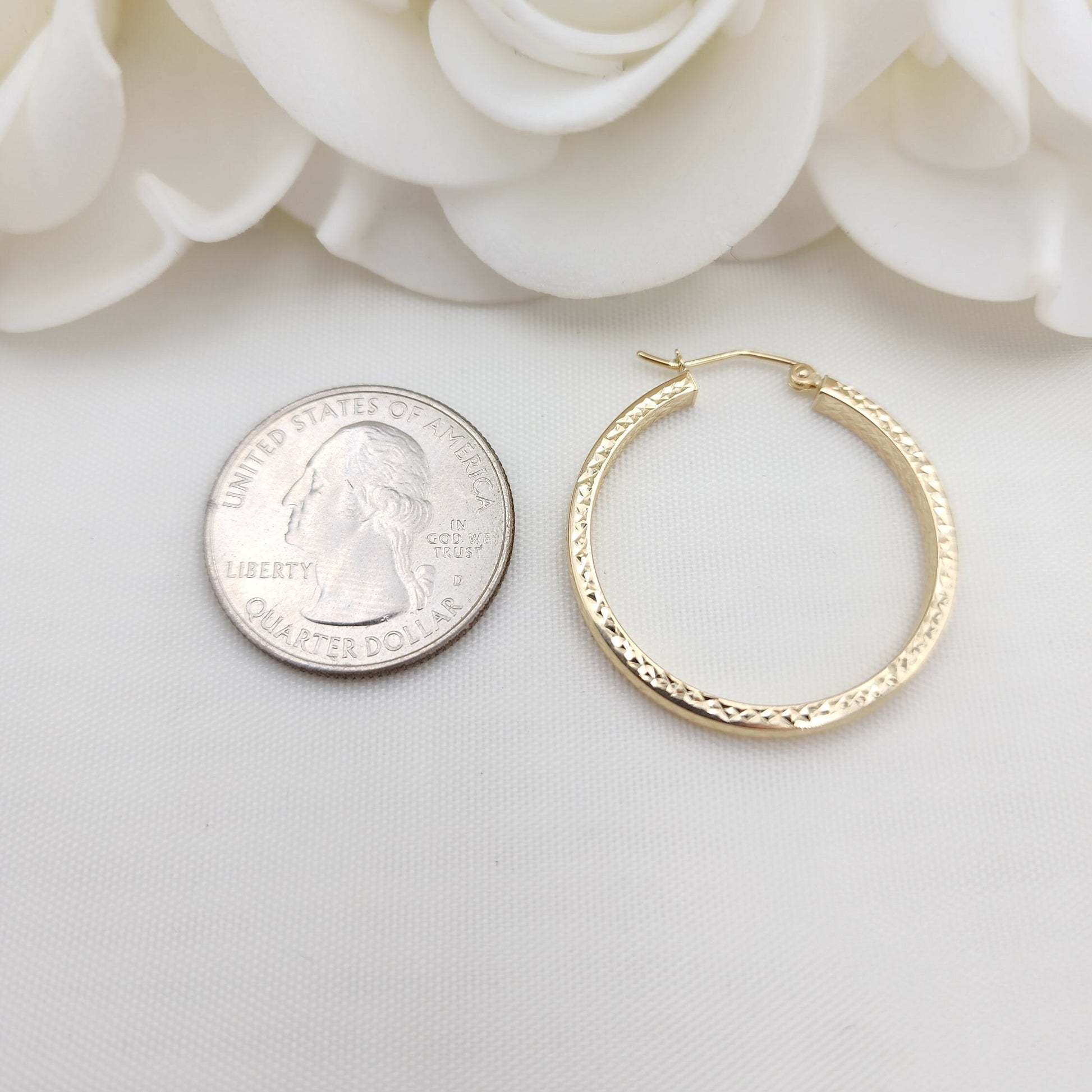 Real 14k Gold Square Diamond Cut Hoop Earrings - 30mm Diameter - Shiny And Modern - Perfect Gift - Birthday, Mother's day, Anniversary