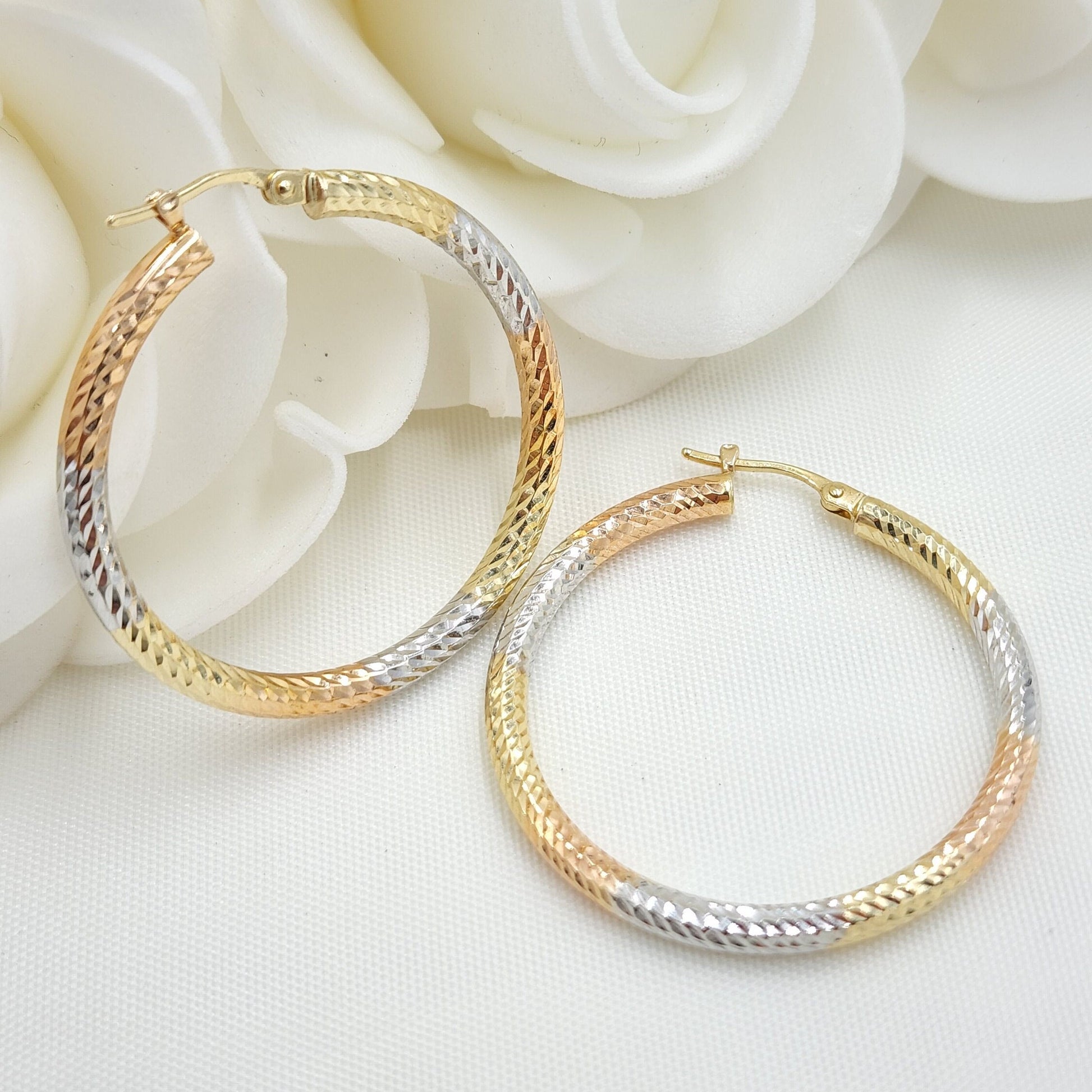 35mm Thick 3 Tones 14k Gold Hoop Earrings - 3mm Thick - For Her - White, yellow and rose Gold