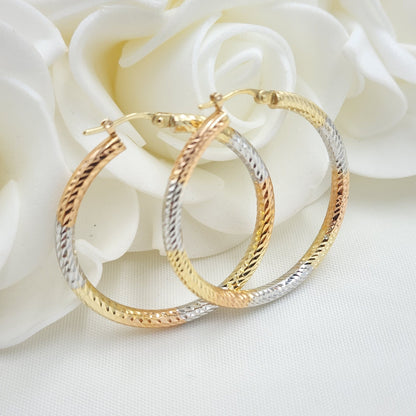 35mm Thick 3 Tones 14k Gold Hoop Earrings - 3mm Thick - For Her - White, yellow and rose Gold