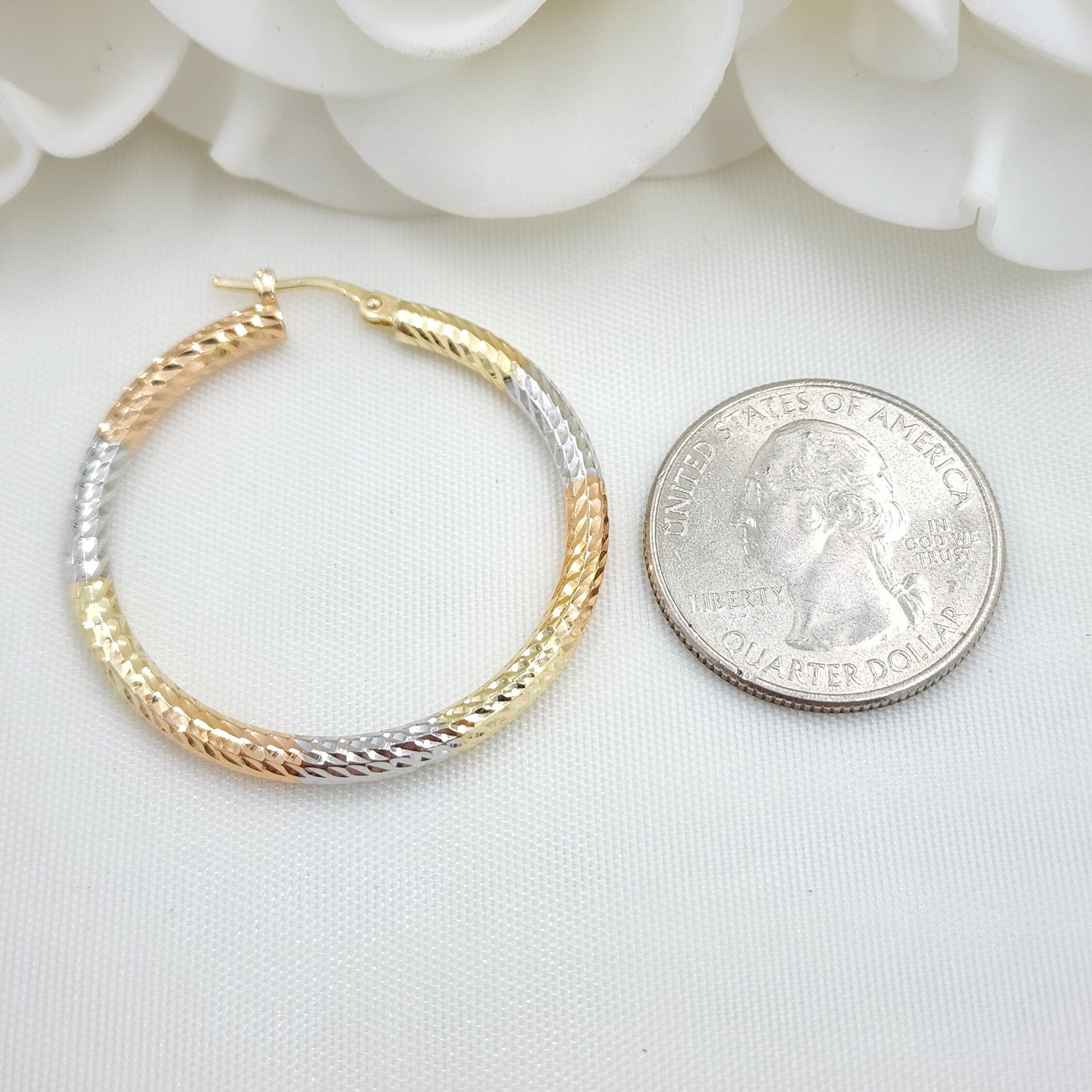 35mm Thick 3 Tones 14k Gold Hoop Earrings - 3mm Thick - For Her - White, yellow and rose Gold