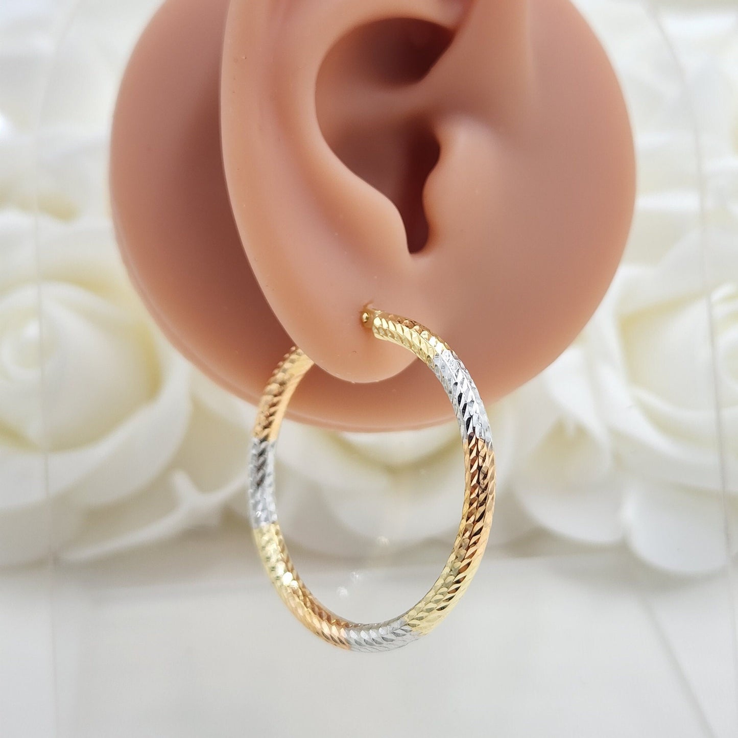 35mm Thick 3 Tones 14k Gold Hoop Earrings - 3mm Thick - For Her - White, yellow and rose Gold