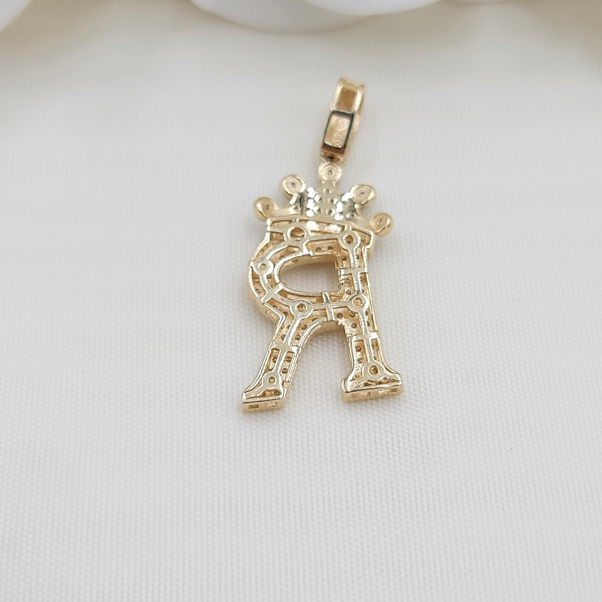 14k Gold Large Crown Initial Pendant - CZ - Real 14k Gold - Unisex - 3D