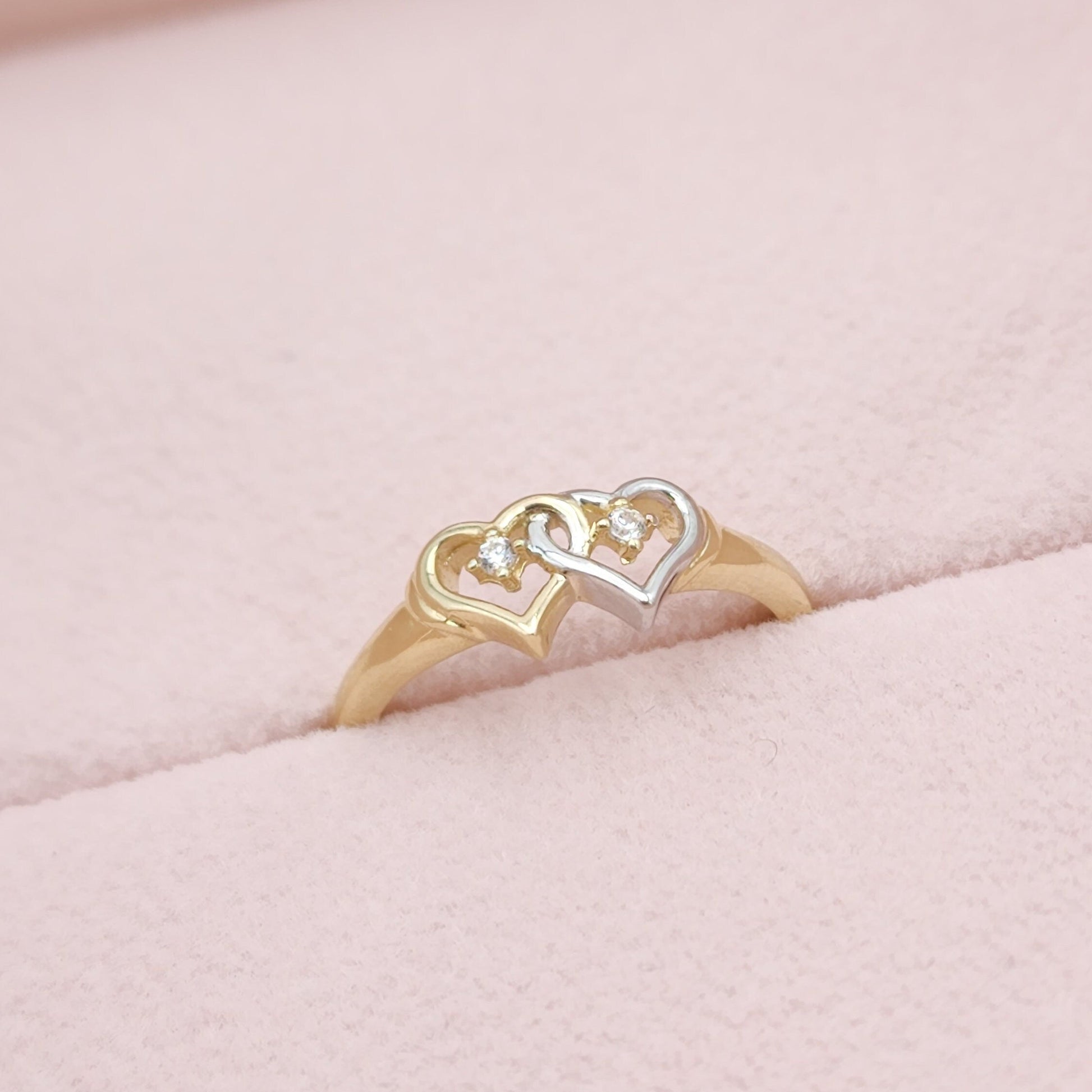 14k White And Yellow Gold Hearts Ring - Solid Gold - For Her - CZ - Perfect Gift