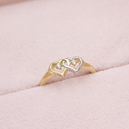 14k White And Yellow Gold Hearts Ring - Solid Gold - For Her - CZ - Perfect Gift