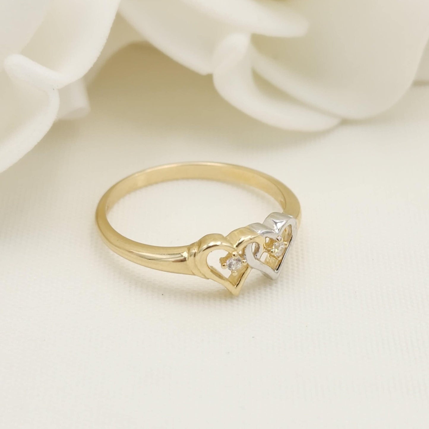 14k White And Yellow Gold Hearts Ring - Solid Gold - For Her - CZ - Perfect Gift