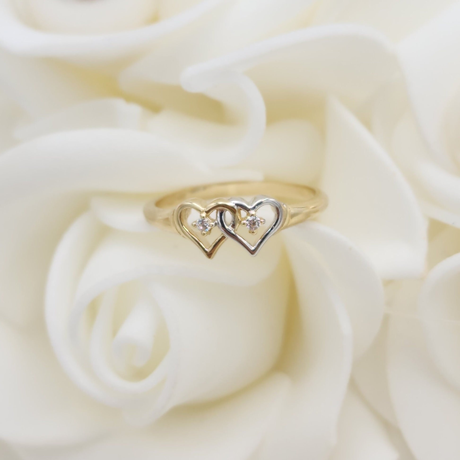 14k White And Yellow Gold Hearts Ring - Solid Gold - For Her - CZ - Perfect Gift