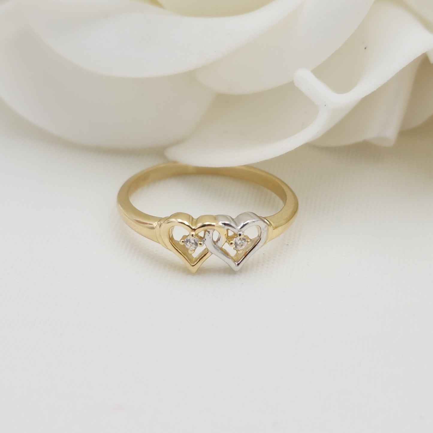 14k White And Yellow Gold Hearts Ring - Solid Gold - For Her - CZ - Perfect Gift