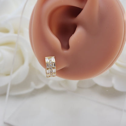 14k Solid Gold Baguette And Round CZ Huggies Earrings - Shiny and Modern - For Her - Fine Jewelry