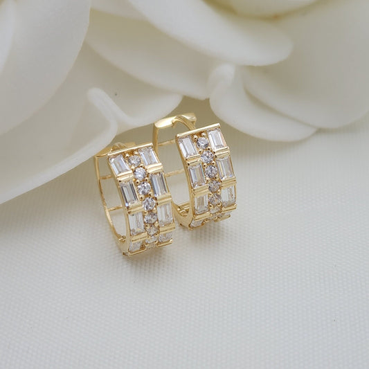 14k Solid Gold Baguette And Round CZ Huggies Earrings - Shiny and Modern - For Her - Fine Jewelry