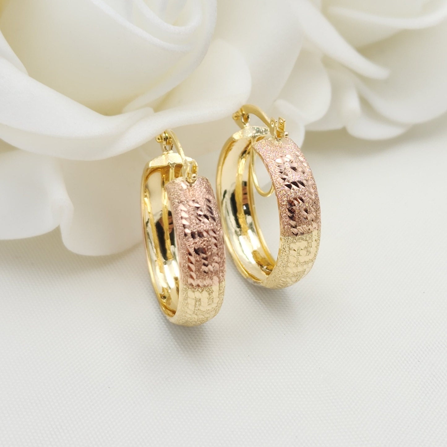 14k Real Gold 3 Tones Greek Pattern Hoop Earrings - Thick and Shiny - For Her - Fine Jewelry