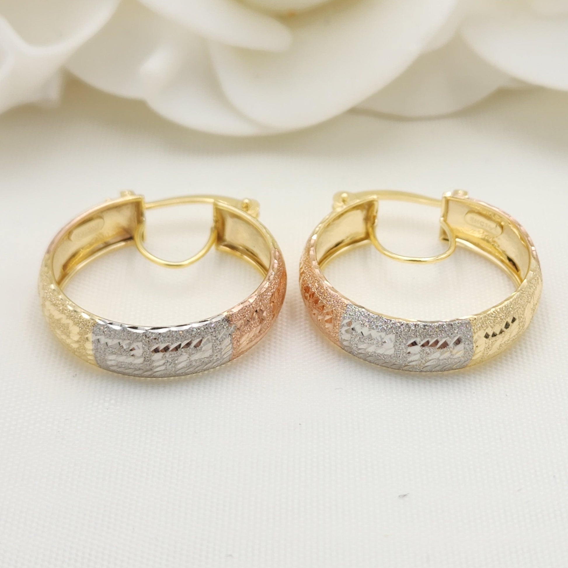 14k Real Gold 3 Tones Greek Pattern Hoop Earrings - Thick and Shiny - For Her - Fine Jewelry