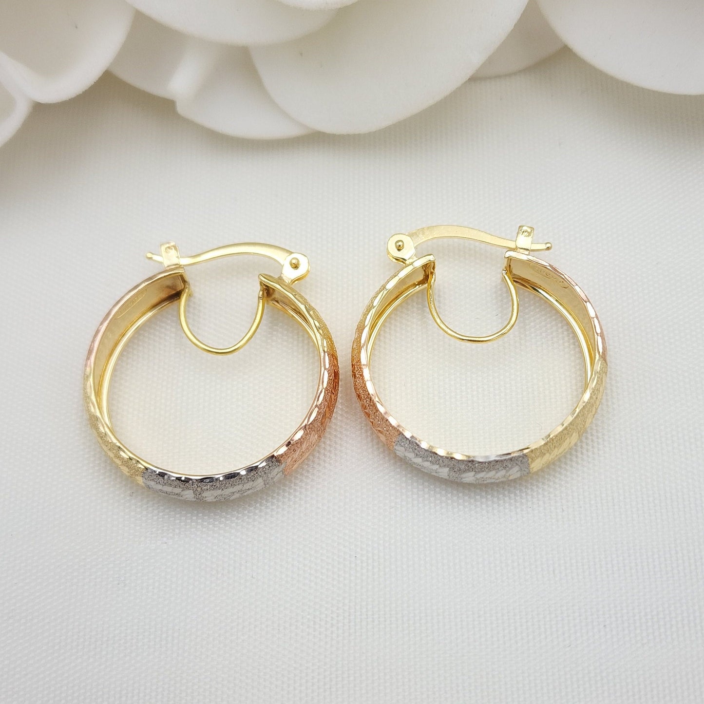 14k Real Gold 3 Tones Greek Pattern Hoop Earrings - Thick and Shiny - For Her - Fine Jewelry