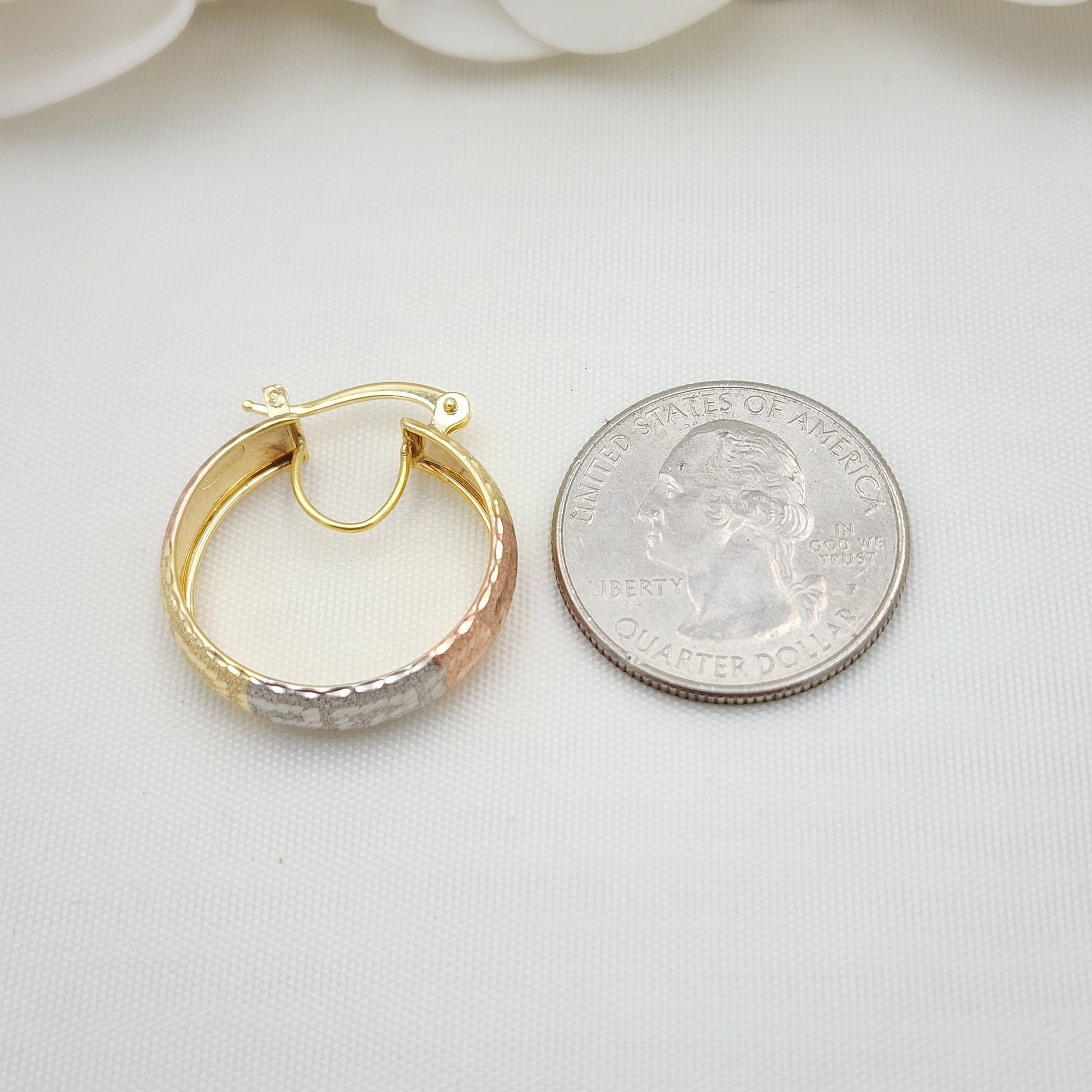 14k Real Gold 3 Tones Greek Pattern Hoop Earrings - Thick and Shiny - For Her - Fine Jewelry