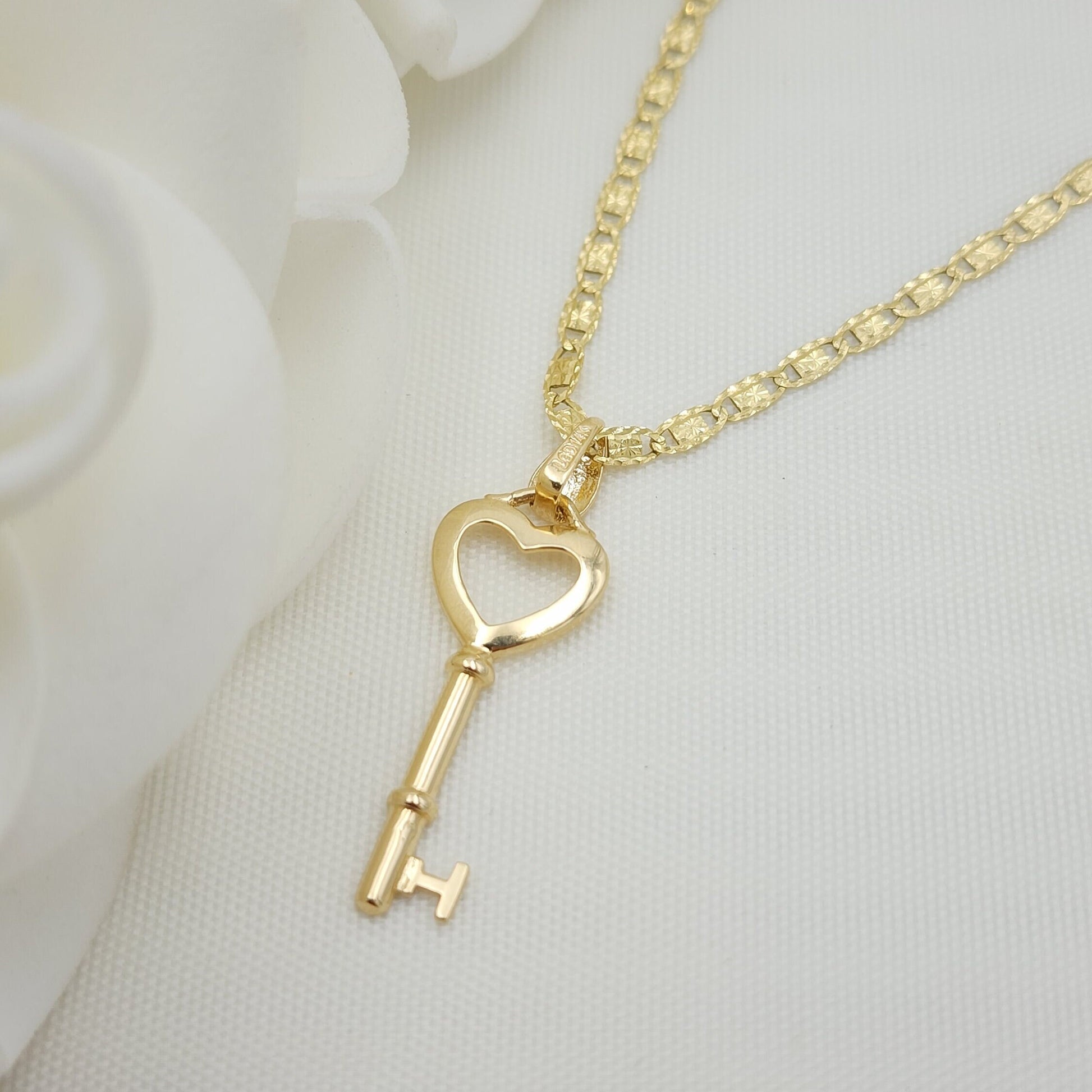 Solid 14k Yellow Gold Valentino Key Heart Necklace - 16", 18", 20" - Perfect Gift - For Her - Meaningful Jewelry