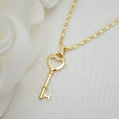 Solid 14k Yellow Gold Valentino Key Heart Necklace - 16", 18", 20" - Perfect Gift - For Her - Meaningful Jewelry