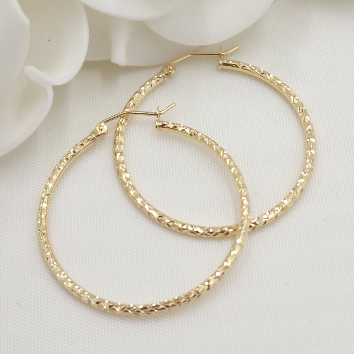 Real 14k Gold Fully Diamond Cut Hoop Earrings - 35MM, 25MM, 20MM, 15MM - Sparkling - Fine Jewelry For Her - Perfect Gift