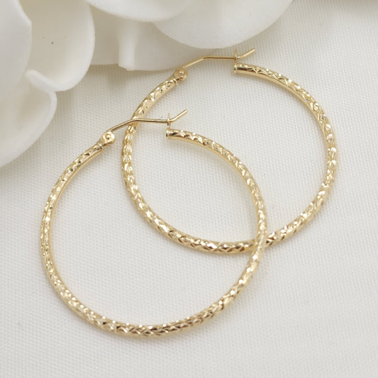 Real 14k Gold Fully Diamond Cut Hoop Earrings - 35MM, 25MM, 20MM, 15MM - Sparkling - Fine Jewelry For Her - Perfect Gift