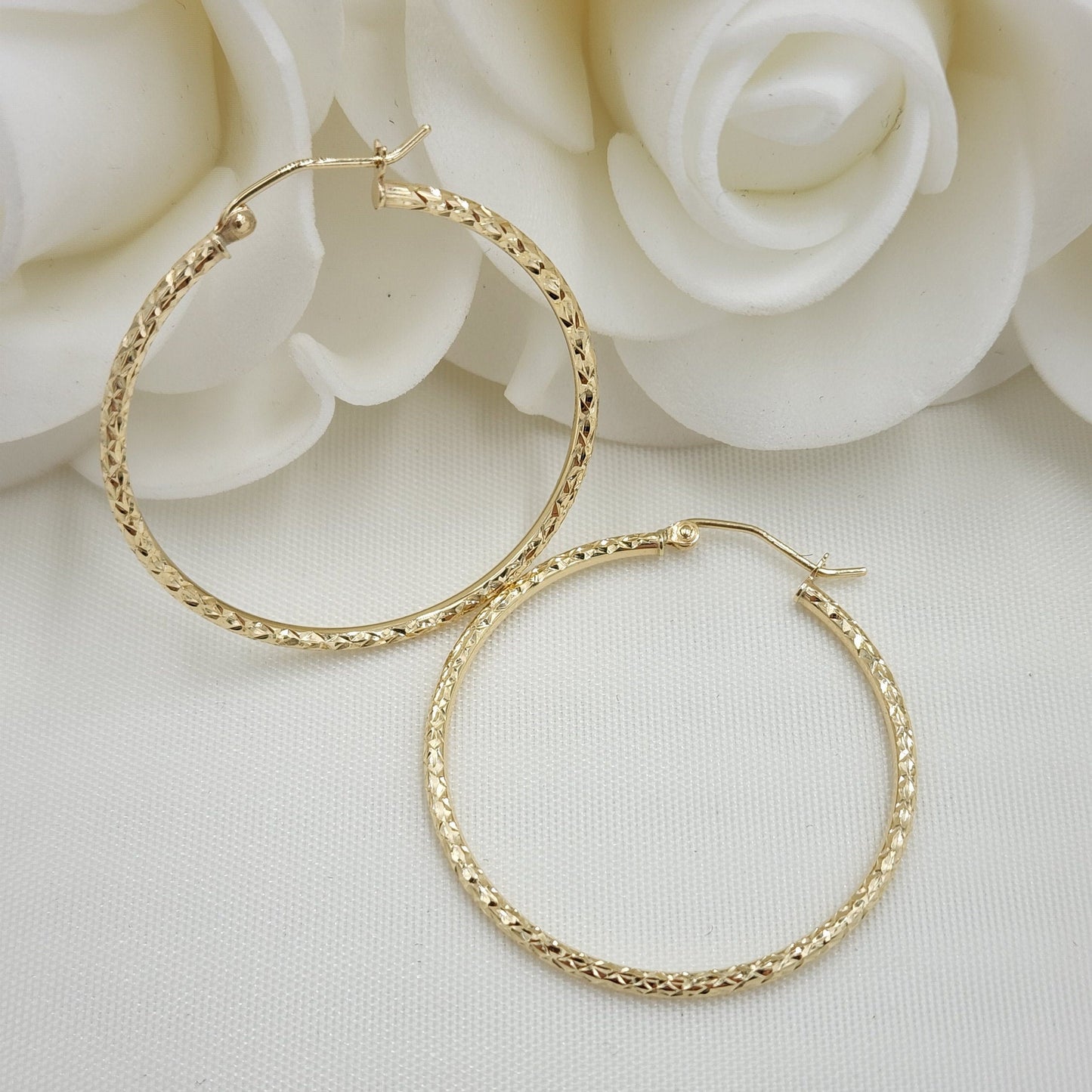 Real 14k Gold Fully Diamond Cut Hoop Earrings - 35MM, 25MM, 20MM, 15MM - Sparkling - Fine Jewelry For Her - Perfect Gift