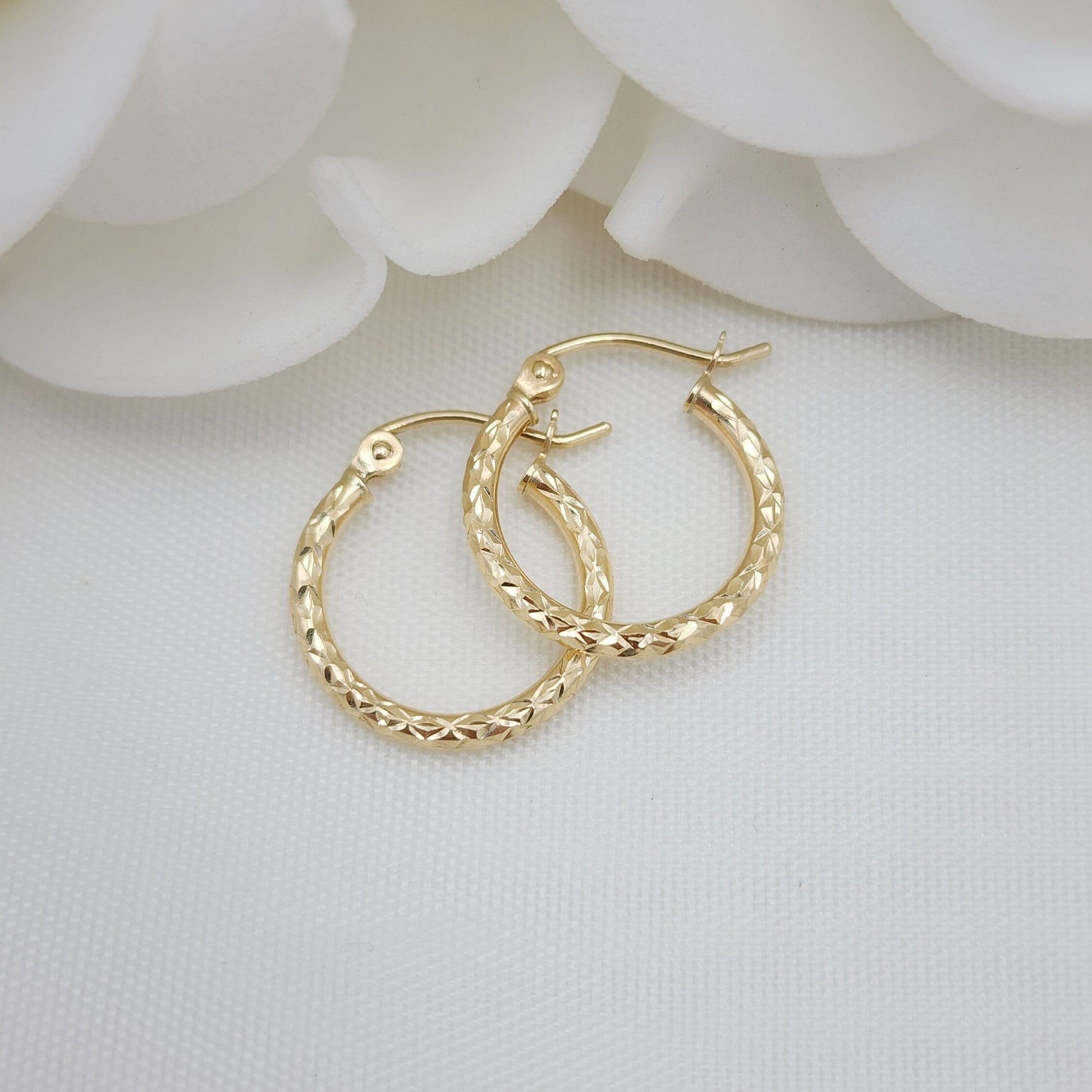 15MM Dainty 14K Gold Fully Diamond Cut Hoop Earrings - 1.5MM Thick - Perfect Gift - Fine Jewelry For Her