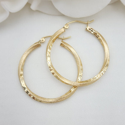 30mm 14k Gold Twisted 2 Textures Hoop Earrings - 2.5mm Thick - Fine Jewelry - Unique and Modern - For Her