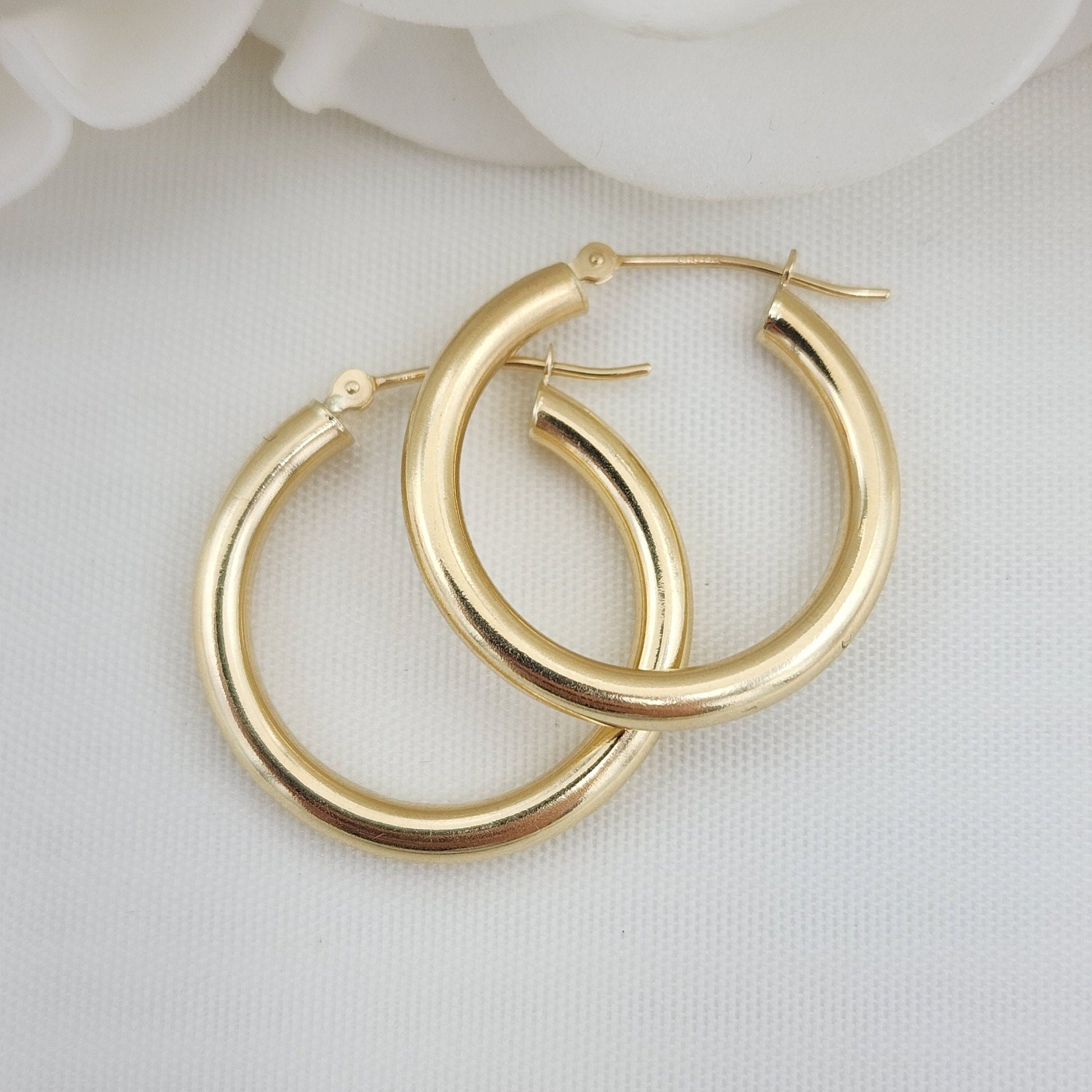 25MM Real 14k Gold Polished Hoop Earrings - 3MM Thick - Fine Jewelry - For Her