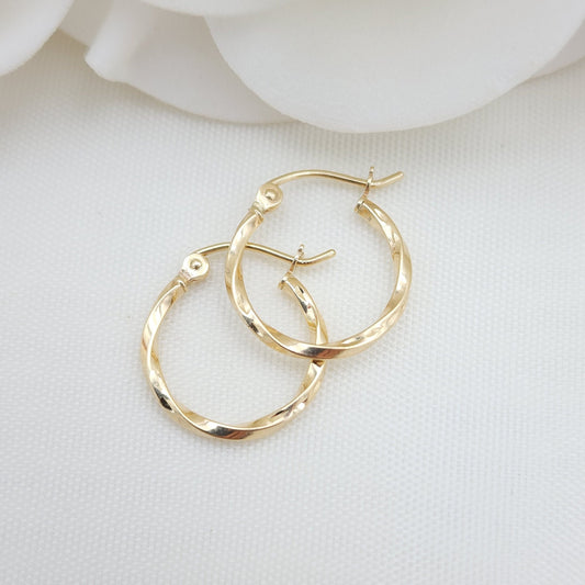 Dainty 14K Yellow Gold Twisted Hoop Earrings - 15MM - 1.5MM Thick - Unique and Versatile - For Everyday - Shiny and Modern