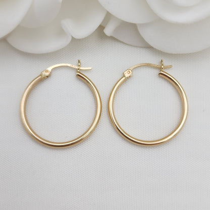 25MM Real 14k Gold Polished Hoop Earrings - 2MM Thick - Fine Jewelry - For Her