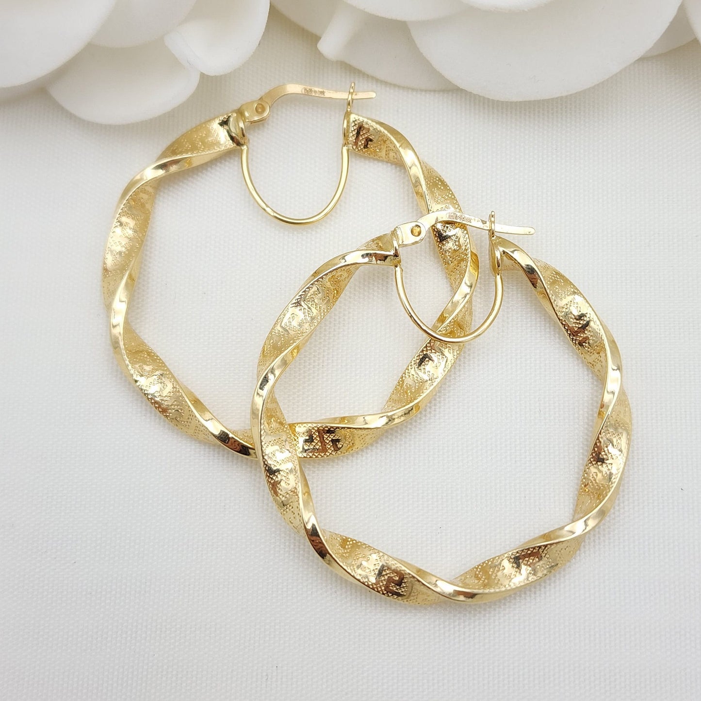 40mm 14k Gold Twisted Greek Pattern Hoop Earrings - 4mm Thick - Elegant and Everlasting - For Her