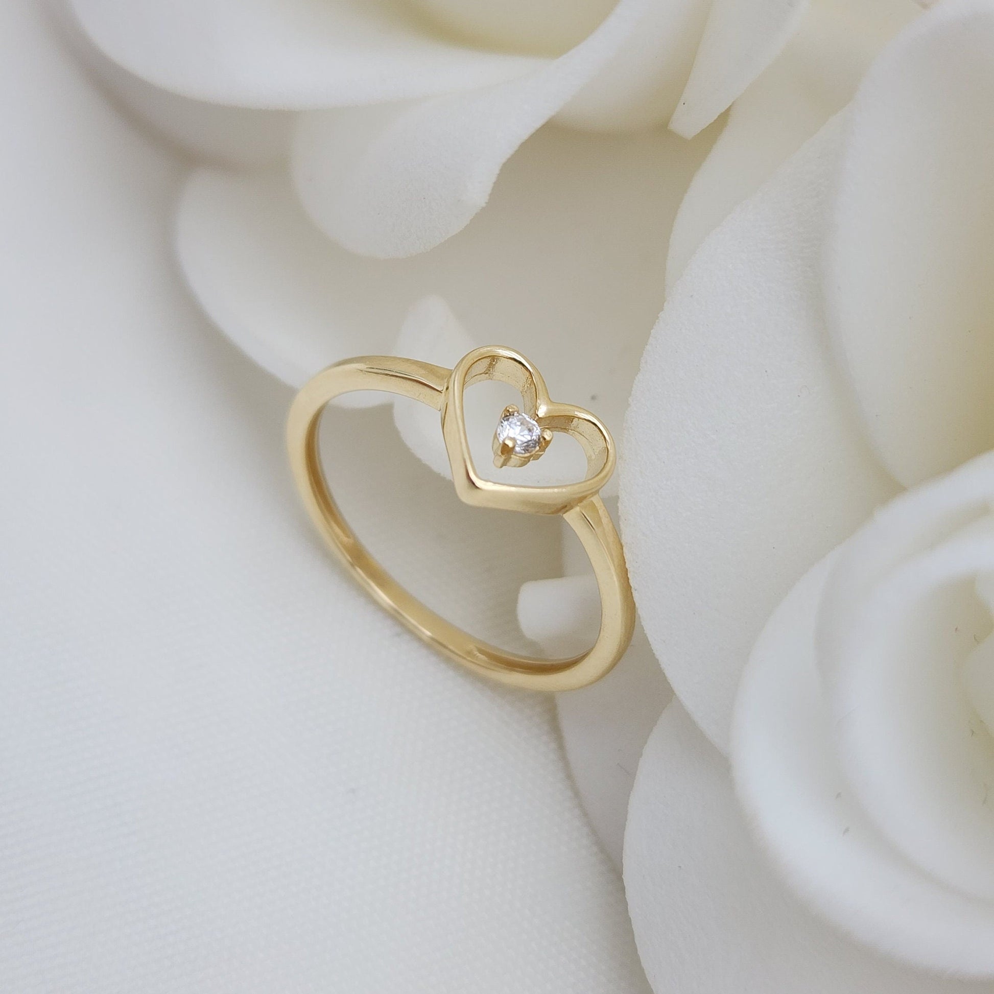 Simple 14k Gold Heart and Solitaire CZ Ring - Minimalistic Jewelry - For Her - Modern Jewelry