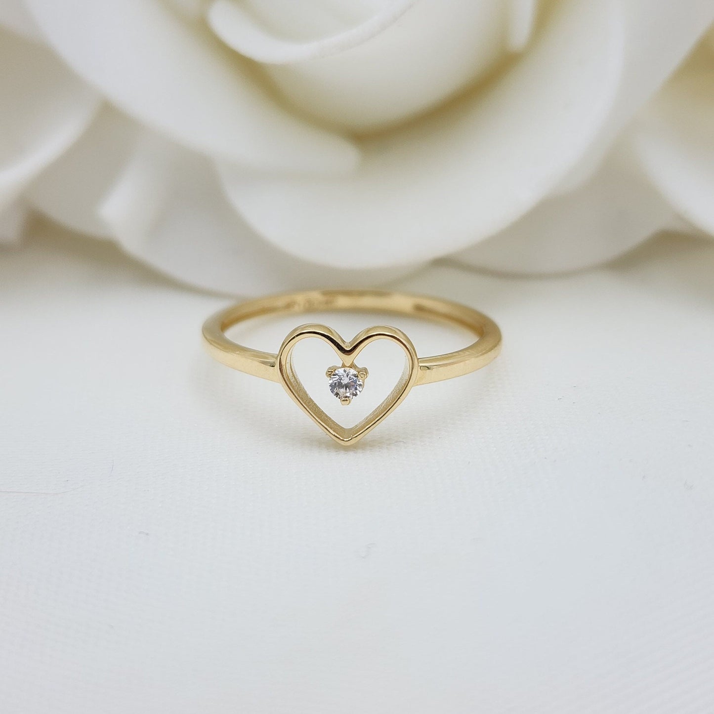 Simple 14k Gold Heart and Solitaire CZ Ring - Minimalistic Jewelry - For Her - Modern Jewelry