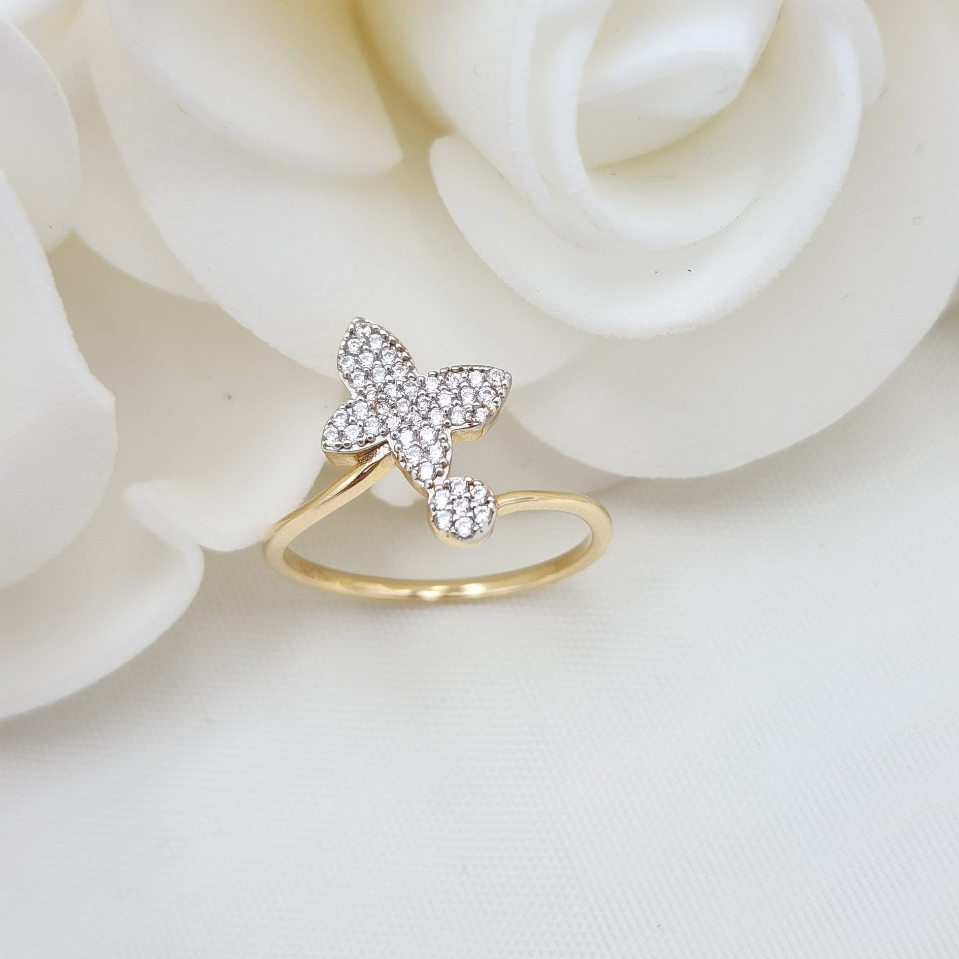 Solid 14k Pave Butterfly CZ Ring - Shiny and Modern - For Her