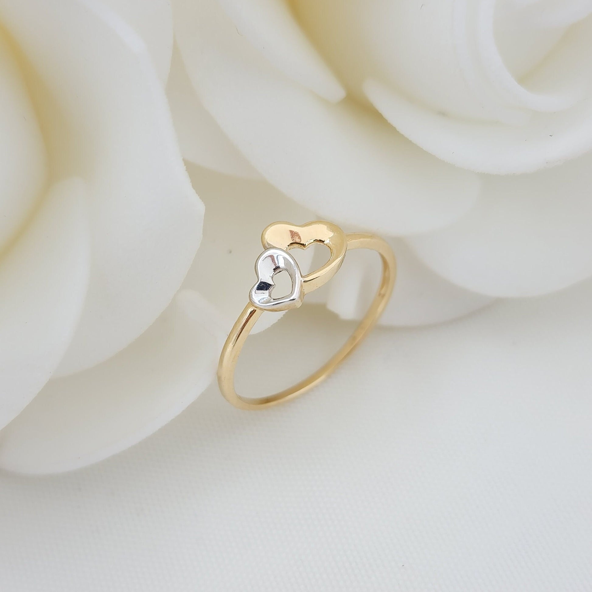 Solid 14k Gold Polished Hearts Ring - Dainty Ring - Stackable - For Her - White and Yellow Gold