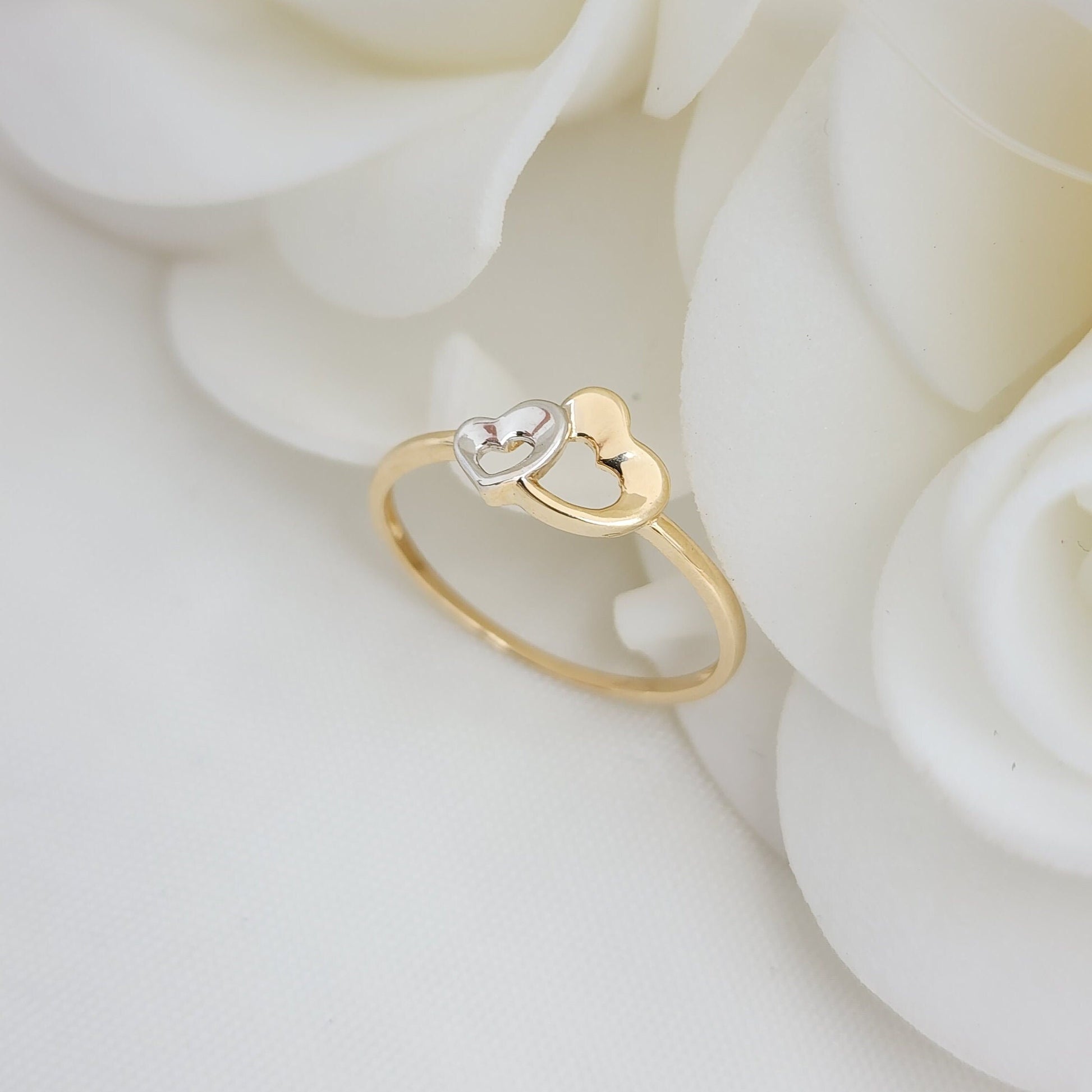 Solid 14k Gold Polished Hearts Ring - Dainty Ring - Stackable - For Her - White and Yellow Gold