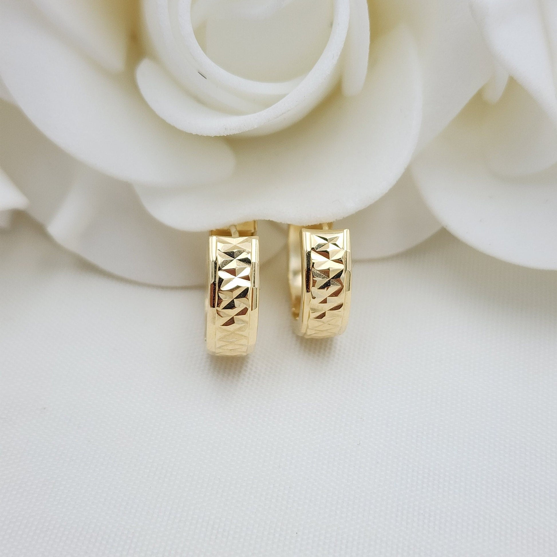 15mm 14k Gold X Diamond Cut Pattern Huggies Earrings - 5mm Thick - Perfect For Kids and Women - Fine Jewelry